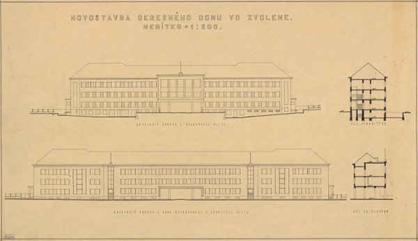 Emil Belluš – Okresný dom vo Zvolene. Pohľady, rezy. M 1:200.