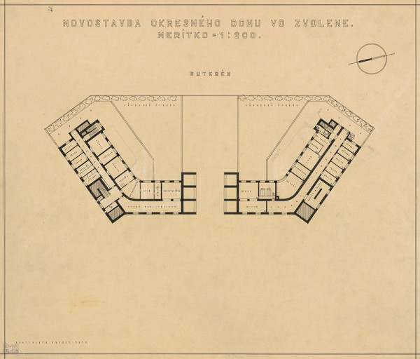 Emil Belluš – Okresný dom vo Zvolene. Pôdorys suterénu. M 1:200.