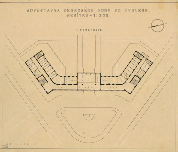 Emil Belluš – Okresný dom vo Zvolene. Pôdorys 1. poschodia.
