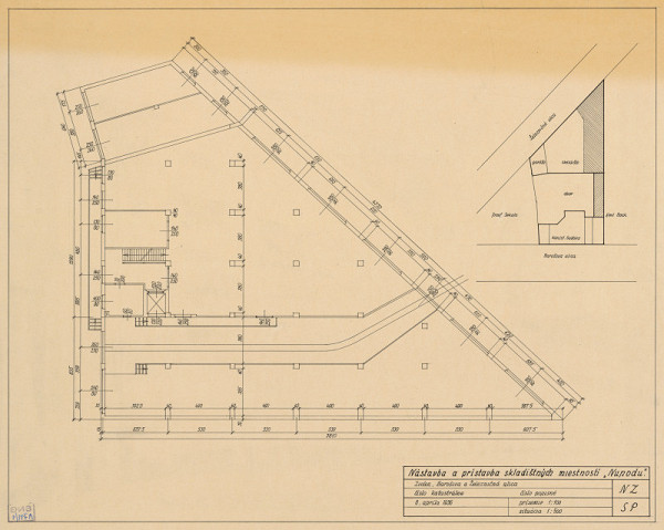 Emil Belluš – Nupod vo Zvolene. Nadstavba a prístavba skladiskových miestností. Situácia a pôdorys prízemia. M 1:500, M 1:100.