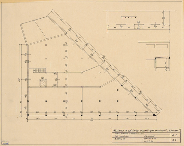 Emil Belluš – Nupod vo Zvolene. Nadstavba a prístavba skladiskových miestností. Pôdorys poschodia. M 1:100.