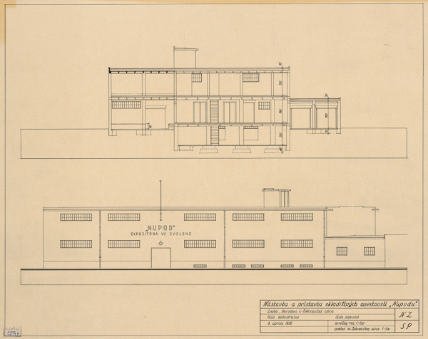 Emil Belluš – Nupod vo Zvolene. Nadstavba a prístavba skladiskových miestností. Priečny rez a pohľad zo Železničnej ulice. M 1:100.