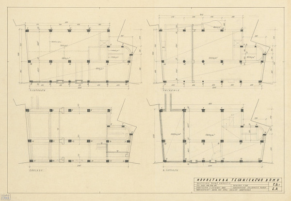 Emil Belluš – Technický dom v Bratislave. Schématické šalovacie plány. Pôdorys základov, 1. a 2. suterénu, prízemia, 1. poschodia. M 1:100.