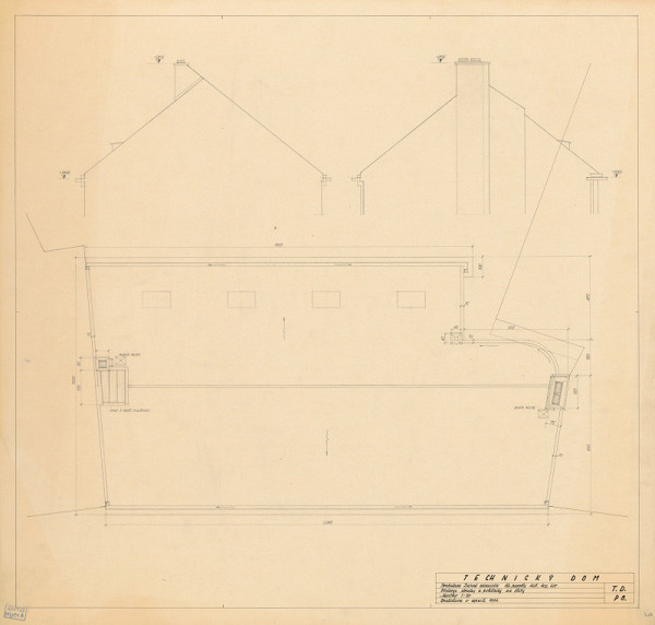 Emil Belluš – Technický dom v Bratislave. Pôdorys strechy a pohľady na štíte.