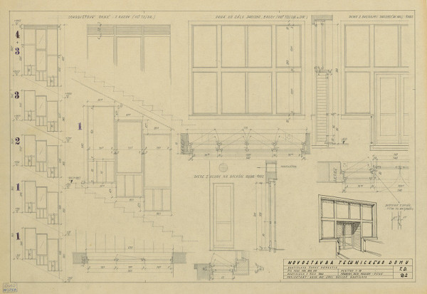 Emil Belluš – Technický dom v Bratislave. Okná (pôdorysy, rezy, pohľady). M 1:20.