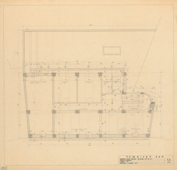 Emil Belluš – Technický dom v Bratislave. Pôdorys 2. suterénu. M 1:50.