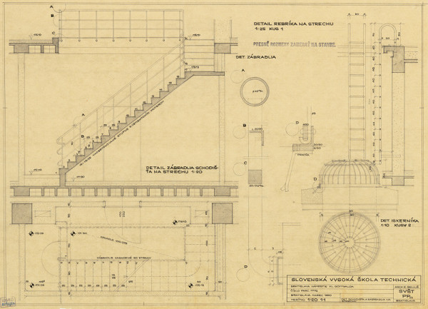 Emil Belluš – Slovenská vysoká škola technická v Bratislave (Fakulta architektúry STU).  Schody na strechu a zábradlie. M 1:20, M 1:1