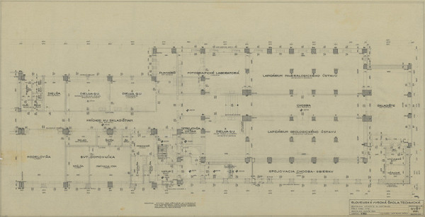 Emil Belluš – Slovenská vysoká škola technická v Bratislave (Fakulta architektúry STU). Pôdorys 1. suterénu (amfiteatrálne krídlo). M 1:50.