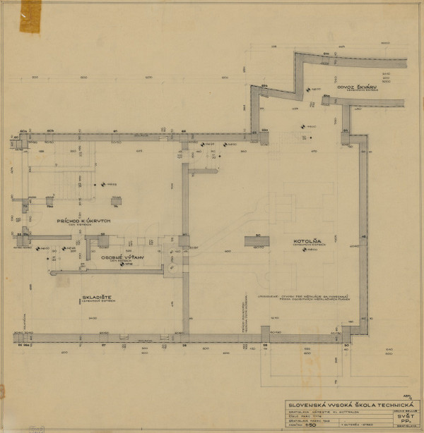 Emil Belluš – Slovenská vysoká škola technická v Bratislave (Fakulta architektúry STU). Pôdorys 2. suterénu (stred). M 1:50