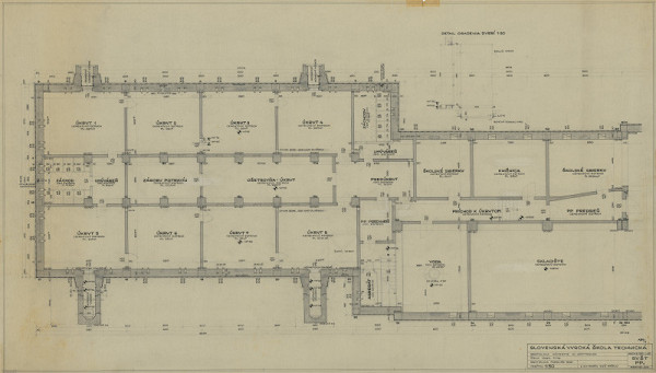 Emil Belluš – Slovenská vysoká škola technická v Bratislave (Fakulta architektúry STU). Pôdorys 2. suterénu (knižničné krídlo). M 1:50