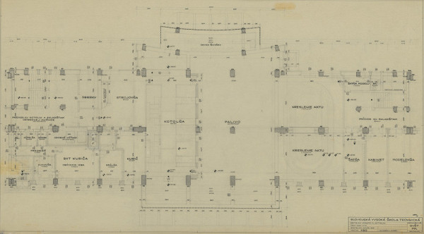 Emil Belluš – Slovenská vysoká škola technická v Bratislave (Fakulta architektúry STU). Pôdorys 1. suterénu (stred). M 1:50