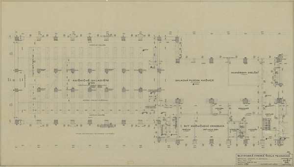 Emil Belluš – Slovenská vysoká škola technická v Bratislave (Fakulta architektúry STU). Pôdorys 1. suterénu (knižničné krídlo). M 1:50