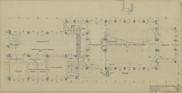 Emil Belluš – Slovenská vysoká škola technická v Bratislave (Fakulta architektúry STU).  Pôdorys prízemia (amfiteatrálna časť). M 1:50