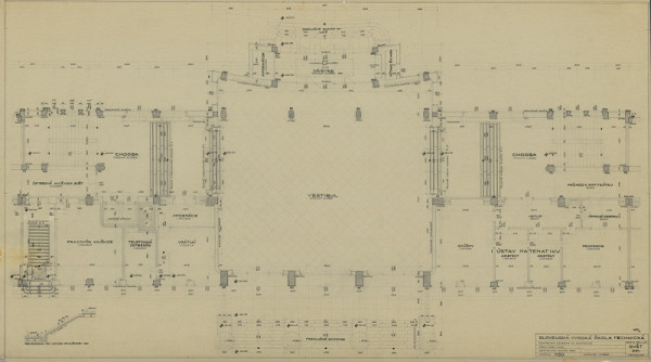 Emil Belluš – Slovenská vysoká škola technická v Bratislave (Fakulta architektúry STU). Pôdorys prízemia (stred). M 1:50