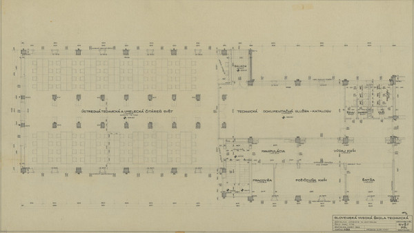 Emil Belluš – Slovenská vysoká škola technická v Bratislave (Fakulta architektúry STU). Pôdorys prízemia (knižničná časť). M 1:50