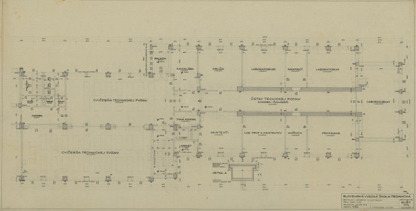 Emil Belluš – Slovenská vysoká škola technická v Bratislave (Fakulta architektúry STU). Pôdorys 1. poschodie (amfiteatrálna časť). M 1:50