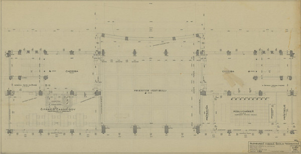 Emil Belluš – Slovenská vysoká škola technická v Bratislave (Fakulta architektúry STU). Pôdorys 1. poschodia (stred). M 1:50