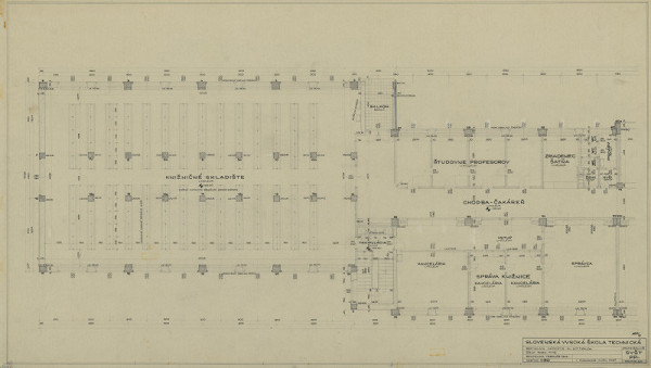 Emil Belluš – Slovenská vysoká škola technická v Bratislave (Fakulta architektúry STU). Pôdorys 1. poschodia (knižničná časť). M 1:50