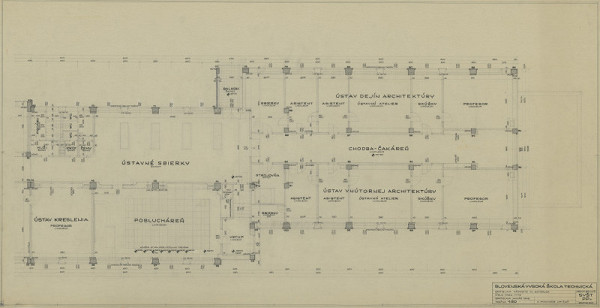 Emil Belluš – Slovenská vysoká škola technická v Bratislave (Fakulta architektúry STU).  Pôdorys 3. poschodia (amfiteatrálna časť). M 1:50