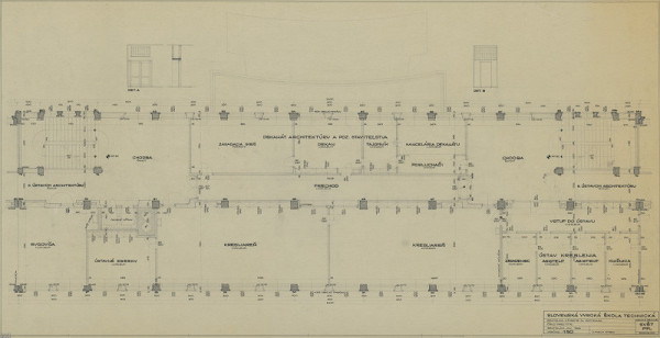 Emil Belluš – Slovenská vysoká škola technická v Bratislave (Fakulta architektúry STU). Pôdorys 3. poschodia (stred). M 1:50