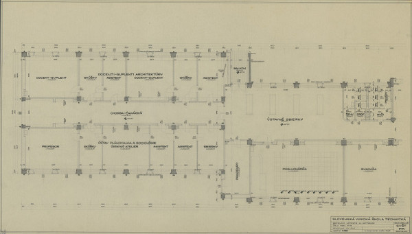 Emil Belluš – Slovenská vysoká škola technická v Bratislave (Fakulta architektúry STU). Pôdorys 3. poschodia (knižničná časť). M 1:50