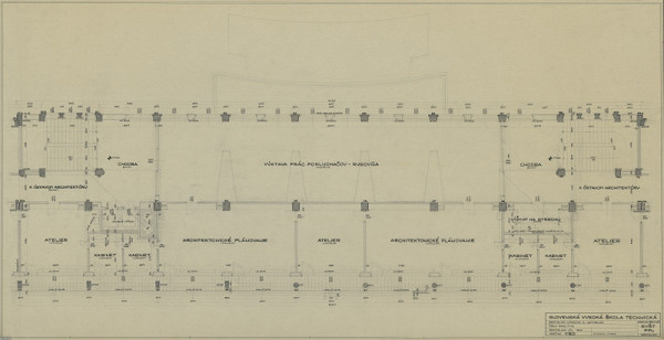 Emil Belluš – Slovenská vysoká škola technická v Bratislave (Fakulta architektúry STU). Pôdorys 4. poschodia (stred). M 1:50