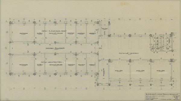 Emil Belluš – Slovenská vysoká škola technická v Bratislave (Fakulta architektúry STU). Pôdorys 4. poschodia (knižničné krídlo). M 1:50