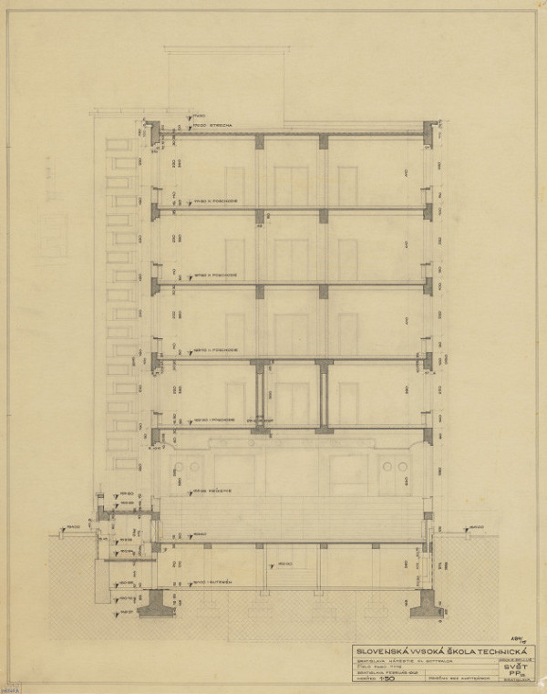 Emil Belluš – Slovenská vysoká škola technická v Bratislave (Fakulta architektúry STU). Priečny rez amfiteátrom. M 1:50