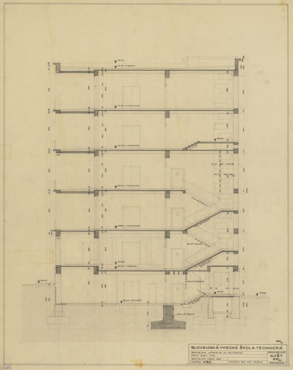 Emil Belluš – Slovenská vysoká škola technická v Bratislave (Fakulta architektúry STU). Priečny rez amf. krídlom. M 1:50