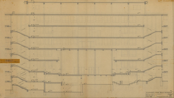 Emil Belluš – Slovenská vysoká škola technická v Bratislave (Fakulta architektúry STU). Pozdĺžny rez schodiskom (stred). M 1:50