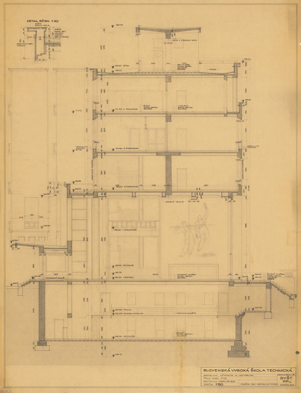 Emil Belluš – Slovenská vysoká škola technická v Bratislave (Fakulta architektúry STU). Priečny rez vestibulom. M 1:50