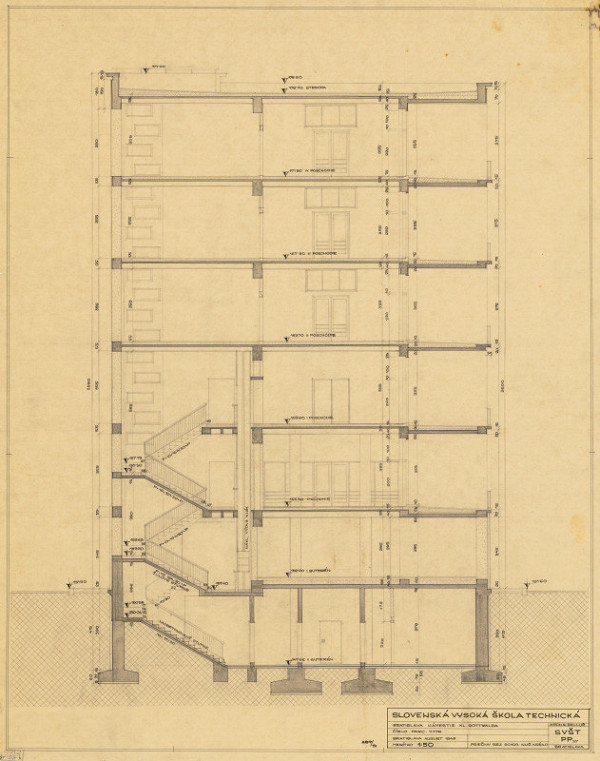 Emil Belluš – Slovenská vysoká škola technická v Bratislave (Fakulta architektúry STU). Priečny rez schodiskom (knižničné krídlo). M 1:50