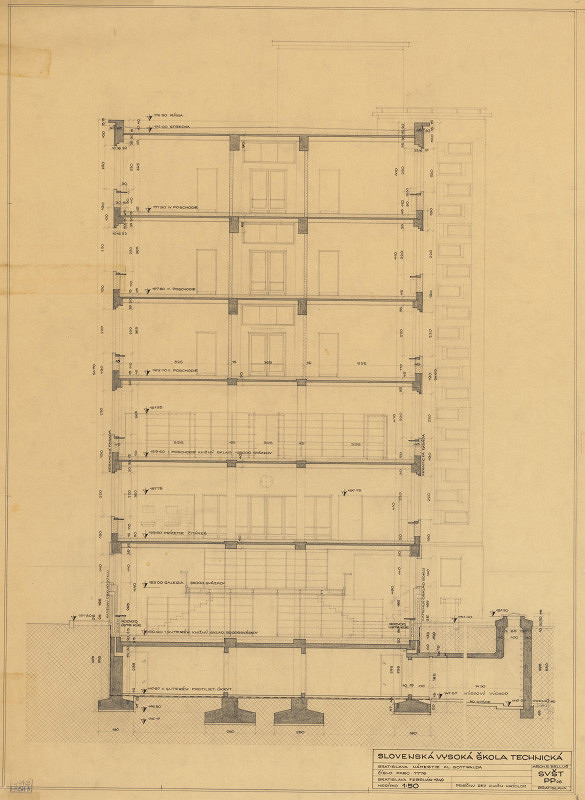 Emil Belluš – Slovenská vysoká škola technická v Bratislave (Fakulta architektúry STU). Priečny rez knižn. krídlom. M 1:50