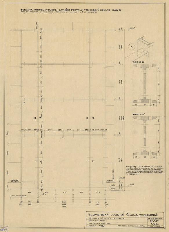 Emil Belluš – Slovenská vysoká škola technická v Bratislave (Fakulta architektúry STU). Ocelová kostra hlavného portálu. M 1:20