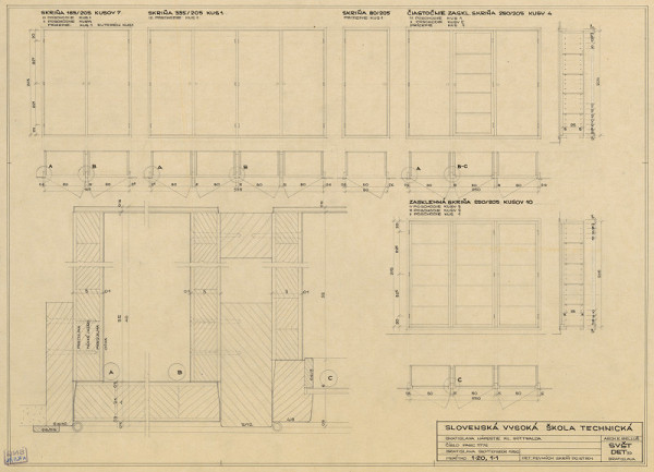 Emil Belluš – Slovenská vysoká škola technická v Bratislave (Fakulta architektúry STU). Detail vstavaných skríň. M 1:20, M 1:1