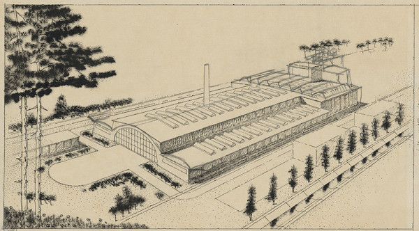 Emil Belluš – Magnezitové závody Dinas v Banskej Belej. Hlavná prevádzková budova. Perspektívny pohľad.
