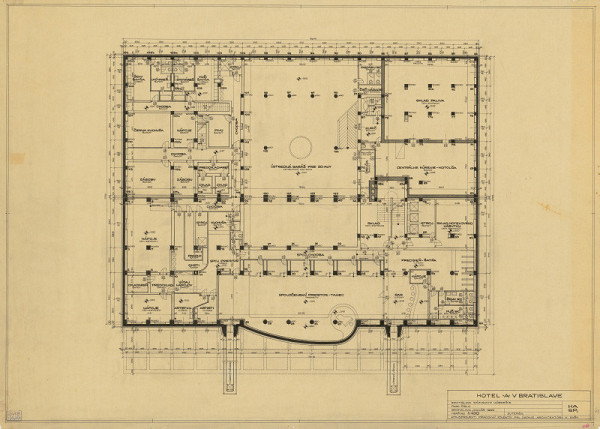 Emil Belluš – Hotel Devín v Bratislave. Pôdorys suterénu. M 1:100.