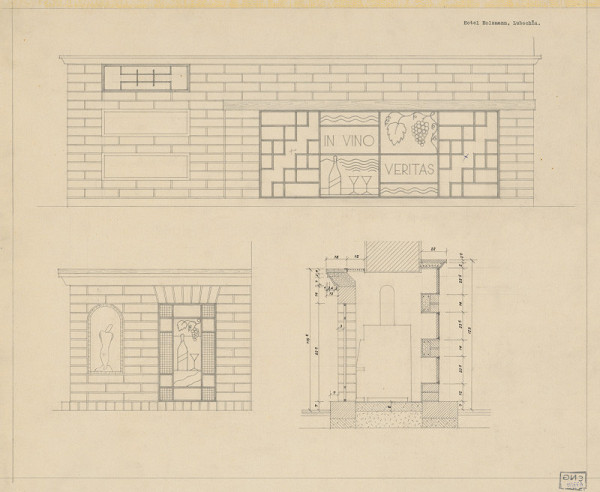 Michal Maximilián Scheer – Návrhy nábytku. Návrh steny s krbom pre hotel Holzmann v Ľubochni.