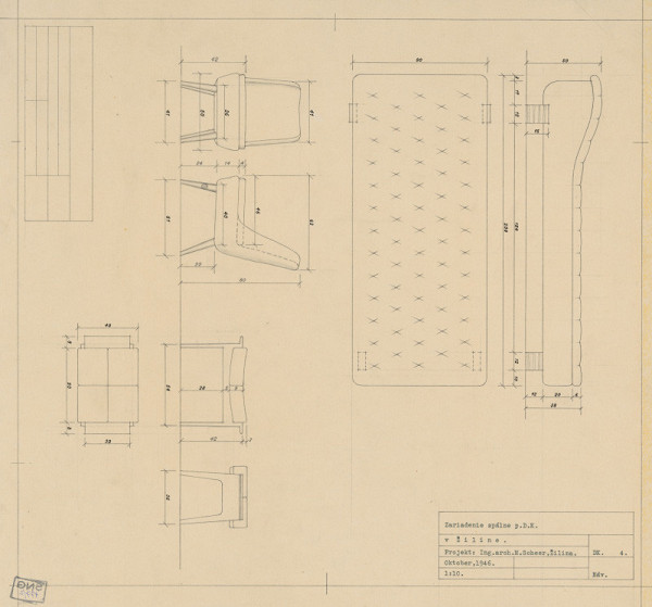 Michal Maximilián Scheer – Návrhy nábytku. Zariadenie spálne p. D.K. Posteľ a sedenie. Pôdorys a pohľady. M 1:10.