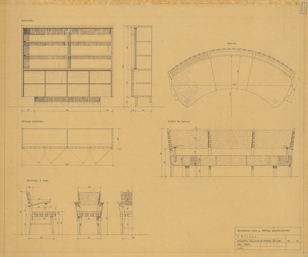 Michal Maximilián Scheer – Návrhy nábytku. Zariadenie haly p. Boženy Langsfelderovej v Žiline. Knihovňa, lavica, stolička. M 1:10