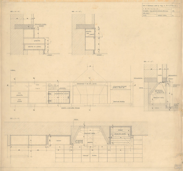 Michal Maximilián Scheer – Návrhy nábytku. Krb v obývacej izbe p. Inž. Šoltéza. Detail krbu. Rezy a pohľad. M 1:10.