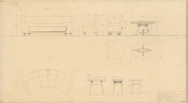 Michal Maximilián Scheer – Návrhy nábytku. Zariadenie pre p. Inž. Šoltéza. Sedacia súprava a stolíky. Pohľady a pôdorysy. M 1:10.