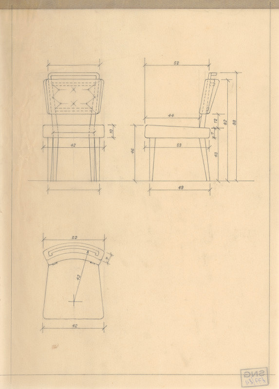 Michal Maximilián Scheer – Návrhy nábytku. Čalúnená stolička. Pohľady a pôdorys.