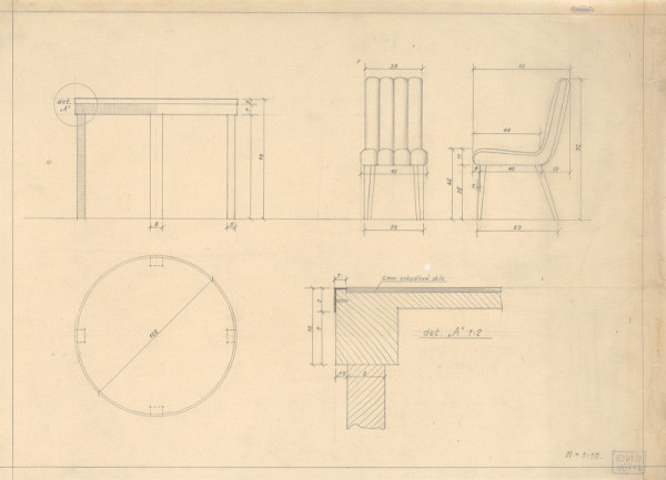 Michal Maximilián Scheer – Návrhy nábytku. Čalúnená stolička. Pohľady, pôdorys a detail stola. M 1:10, M 1:2.
