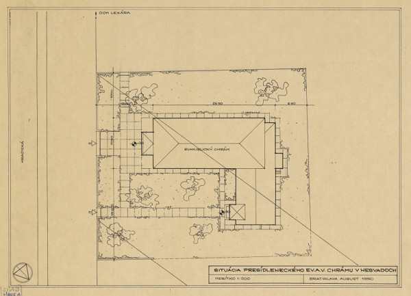 Emil Belluš – Návrh presídleneckého evanjelického kostola pre Senec a Nesvady. Situácia a úprava zelene. M 1:200.