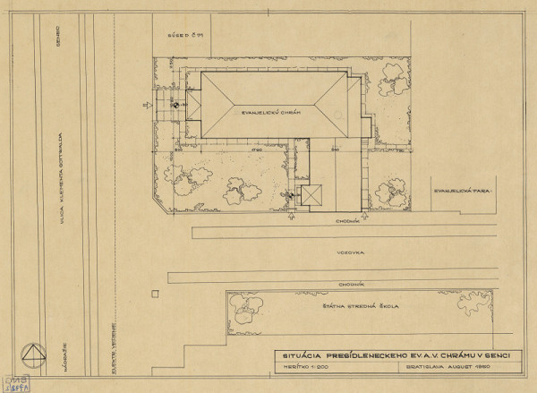 Emil Belluš – Návrh presídleneckého evanjelického kostola pre Senec a Nesvady. Situácia. M 1:200.