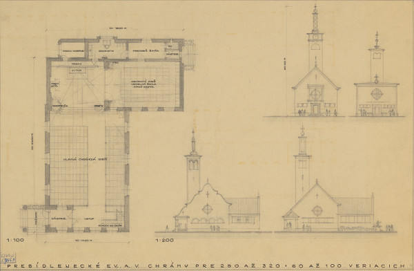 Emil Belluš – Návrh presídleneckého evanjelického kostola pre Senec a Nesvady. Pôdorys prízemia a pohľady. M 1:200 a M 1:100.