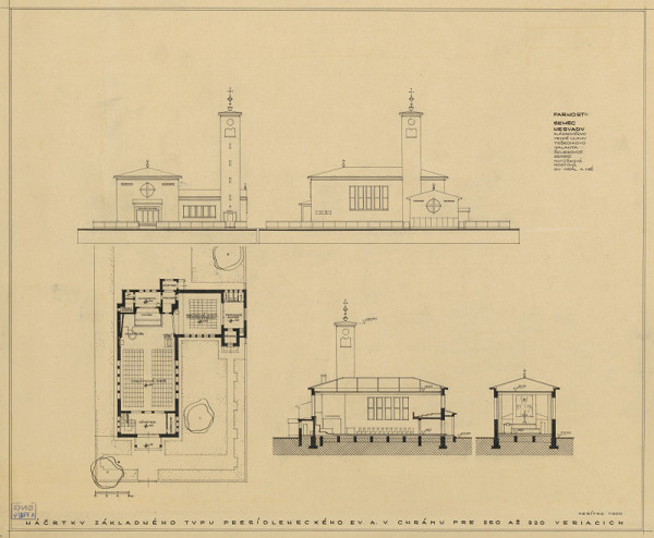 Emil Belluš – Návrh presídleneckého evanjelického kostola pre Senec a Nesvady. Pôdorys prízemia, pohľady a rez. M 1:200.