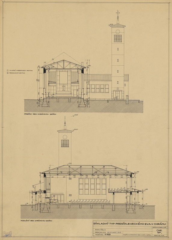 Emil Belluš – Návrh presídleneckého evanjelického kostola pre Senec a Nesvady. Priečny a pozdĺžny rez chrámovou sieňou. M 1:100.