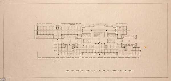 Emil Belluš – Administratívna budova vodného diela na Dunaji v Bratislave. Pôdorys prízemia. M 1:500.